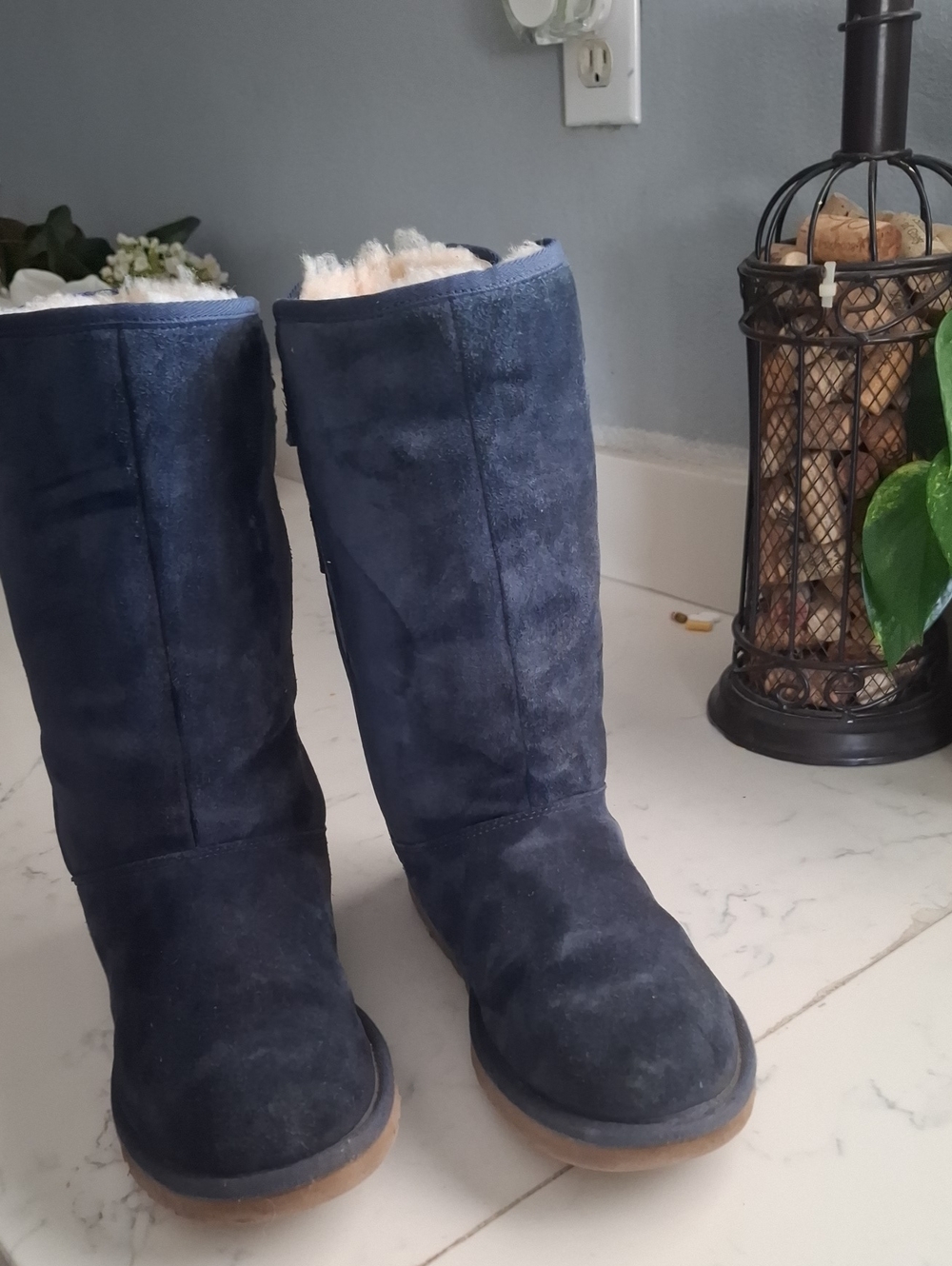 UGG Navy Suede Mid-Calf Shearling Boots